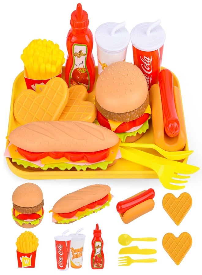 Fegalop Pretend Play Fast Food Set,Play Food for Kids with Take Apart Burger and Hot Dog Plastic Toys Food,Play Kitchen Accessories Role Play Toys Christmas Birthday Gift for Kids Toddler Boys Girls - Image 1